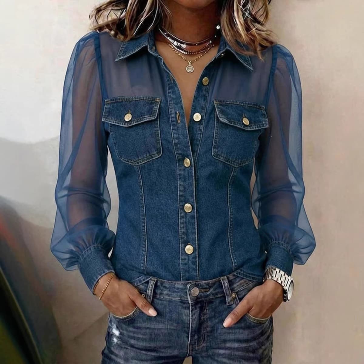 2026 Cross-Border Foreign Trade Women's Clothing Independent Website European and American Fashion Casual V-Neck Printed Faux Denim Chiffon Long-Sleeve Top