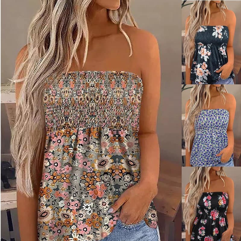 In stock! Women's sleeveless floral print sexy strapless tube top pleated slim fit tight vest shirt