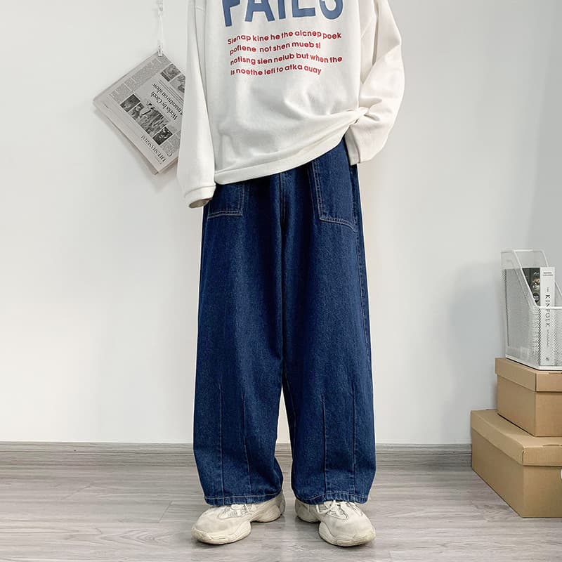 American design plus size jeans for men high street washed distressed retro blue overalls loose straight wide leg pants