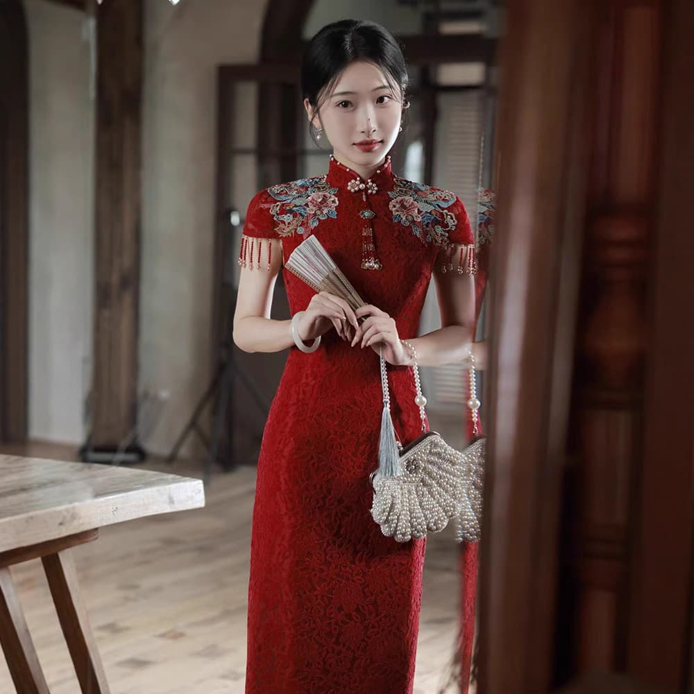 Cheongsam Wedding Toast Dress for Bride, Wine Red, Petite Size, Wedding Dress, New Chinese Style, Stunning for Wedding and Homecoming