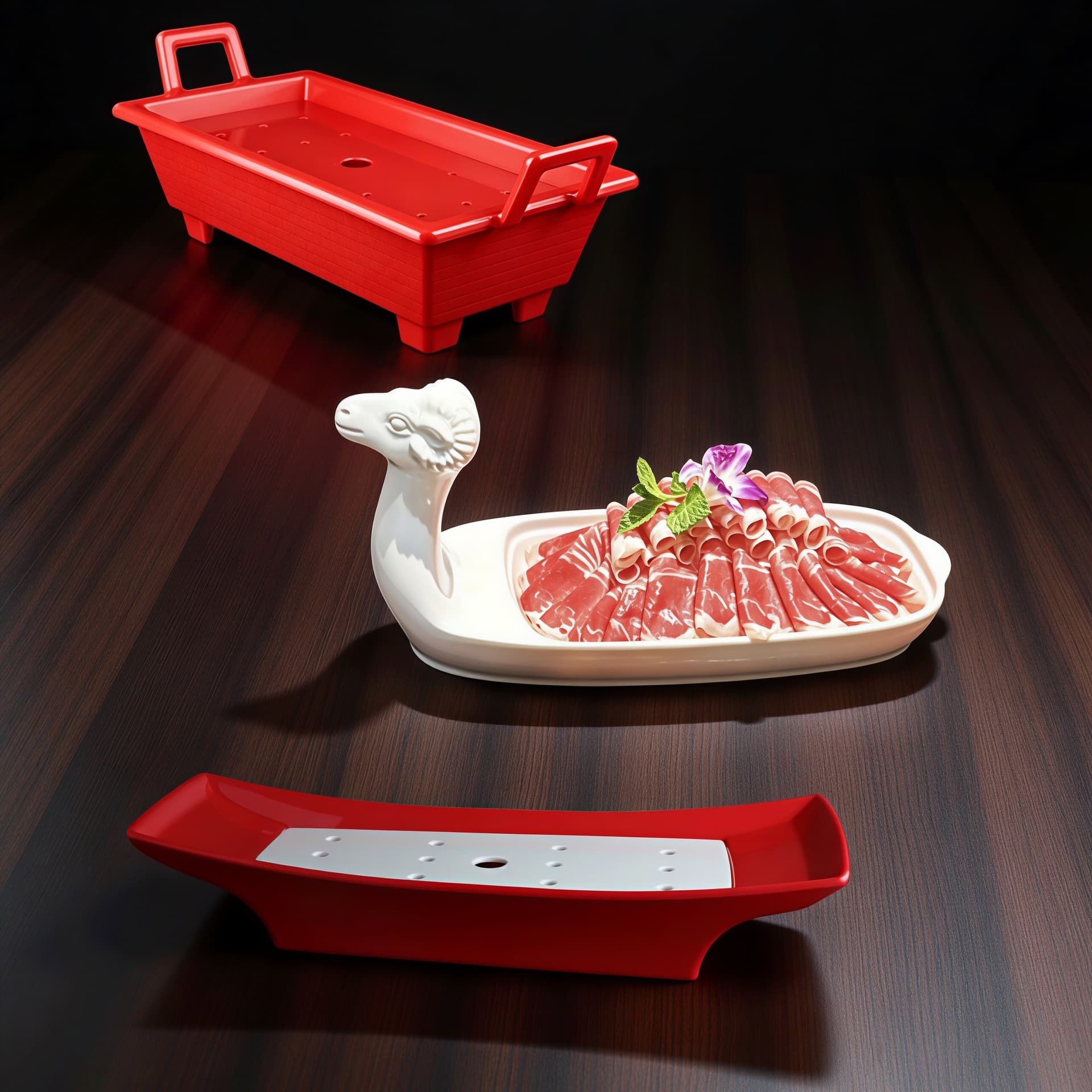 Melamine Boat-Shaped Dry Ice Plate, Artistic Dishware, Goose Intestine Plate, Seafood Sashimi Plate, Lamb Head Plate, Double-Handled Tripod Fish Ice Plate