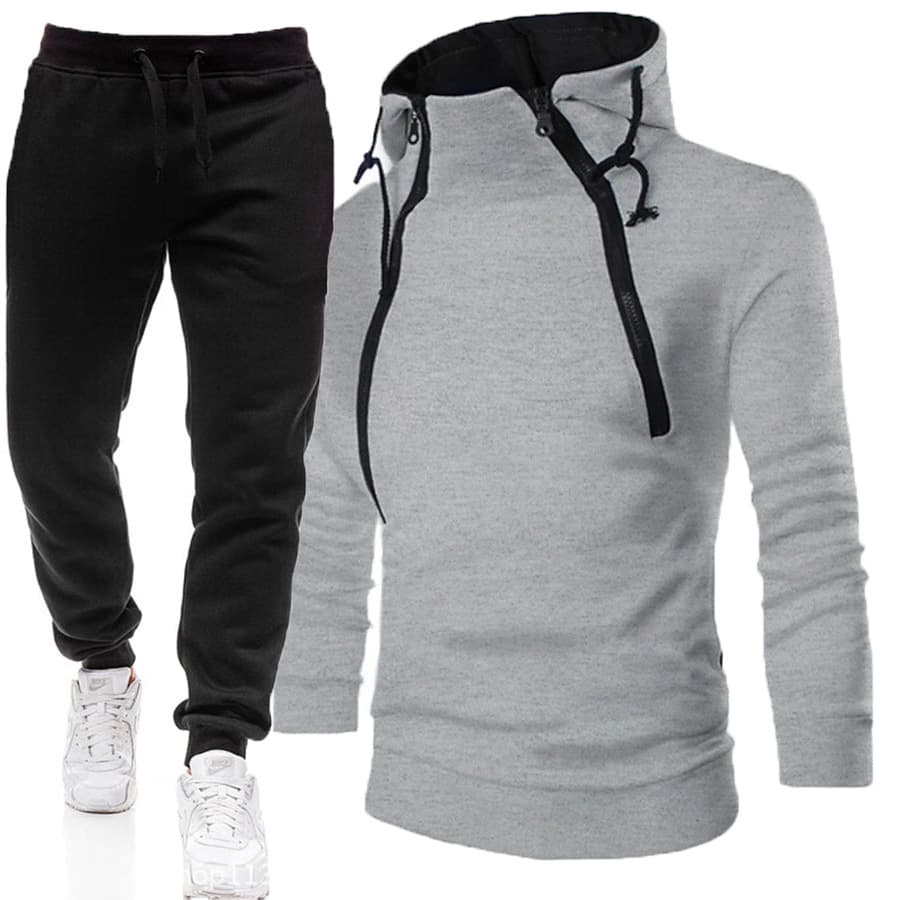2026 Cross-border New Men's Fashion Placket Double Zipper Color Block Hooded Pullover Sweatshirt Set Customizable LOGO