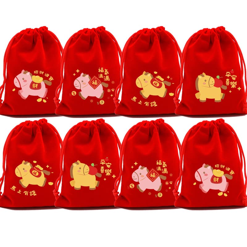 Red Lucky Bag Little Cute Horse Pattern Kindergarten Activity Gift Bag Holiday Party Souvenir Bag Soft Drawstring Bag