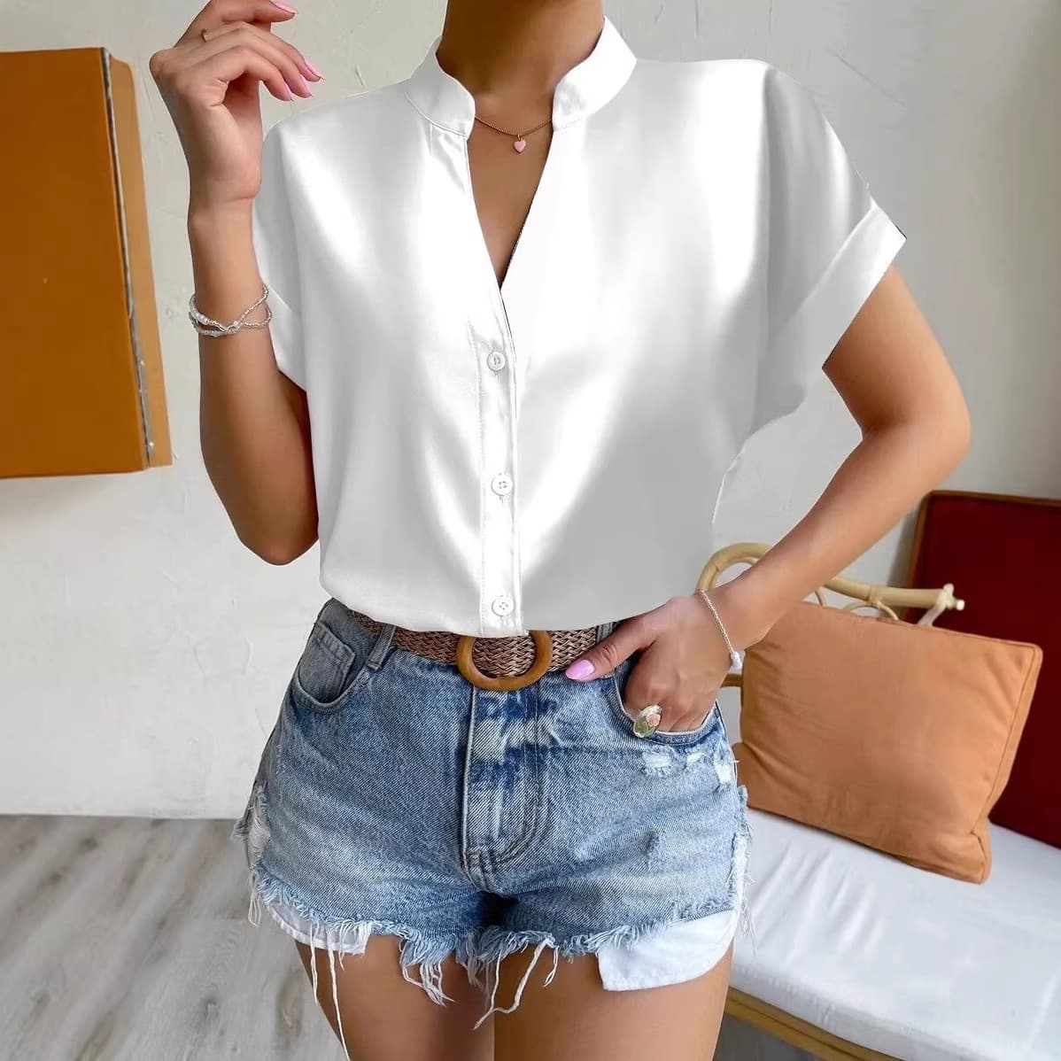 Women's Button V-Neck Short Sleeve Top
