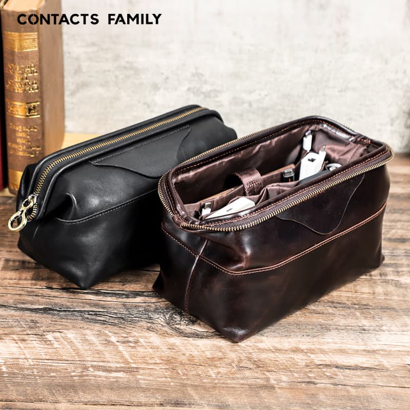 Genuine leather power data cable storage bag, large capacity with compartments, portable travel digital accessory pouch