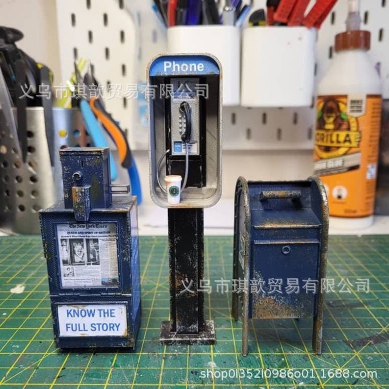Cross-border New 1:12 Scale Miniature American Metal Mini Public Telephone Newspaper Stand Ornament Factory Wholesale Ready Stock