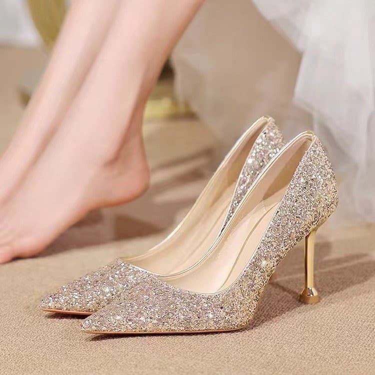 French Wedding Shoes Hexiu Wedding Bridal Shoes Summer Women's Golden Crystal High Heels Stiletto Heel Princess Wedding Bridesmaid Shoes
