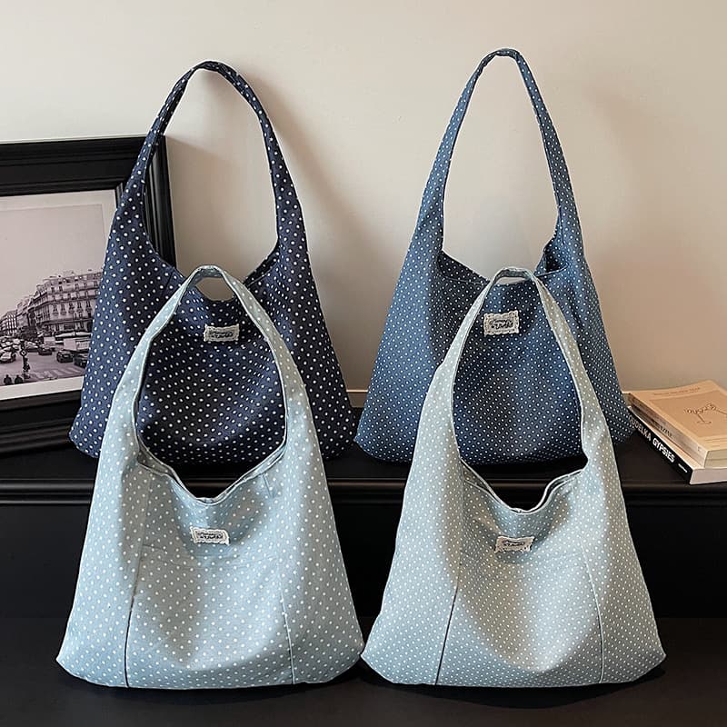 Large Capacity Canvas Bag for Women, Polka Dot Bag, Korean Style, Fresh and Simple, Suitable for Students, Commuting, Single Shoulder Bag, Artistic Tote Bag