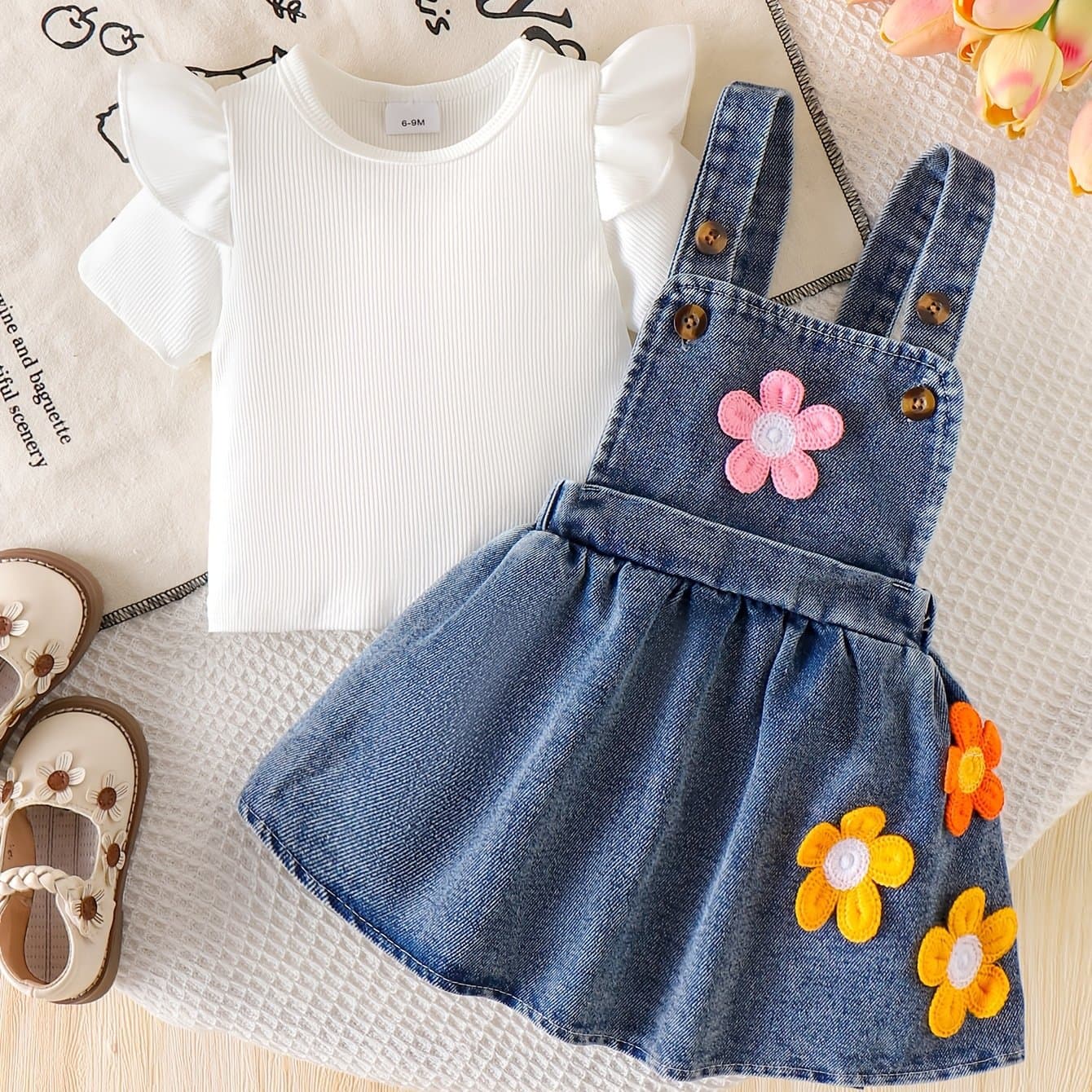Baby Girls Clothes 0-3Y Summer White Short Sleeve T-Shirt + Floral Denim Suspender Skirt In Stock