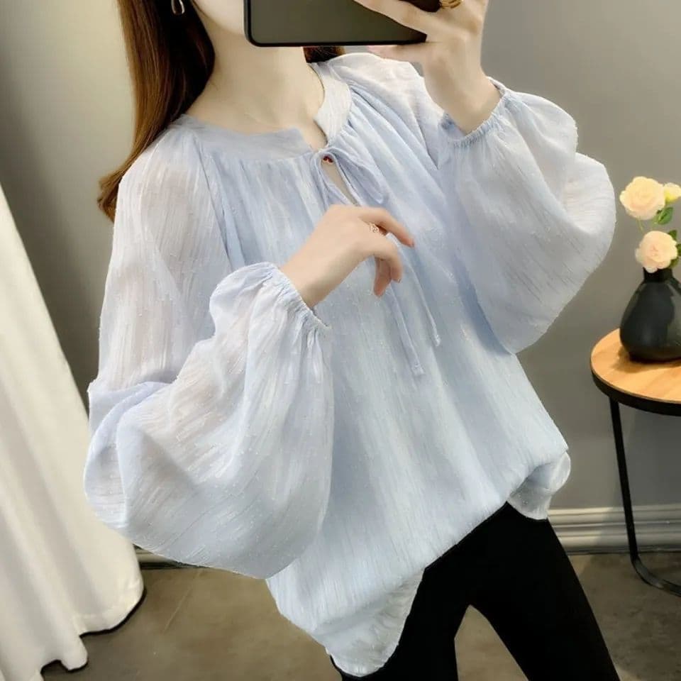 2026 Spring and Summer New Loose Large Size Western Style Thin Chiffon Shirt Covering Flesh Pullover Women's Top