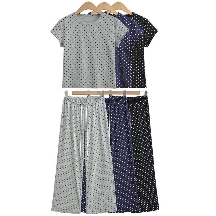 Polka Dot Print Short Length Regular Shoulder Short Sleeve T-Shirt Retro Drawstring Wide Leg Pants Set for Women Summer Flowing Comfortable Long Pants