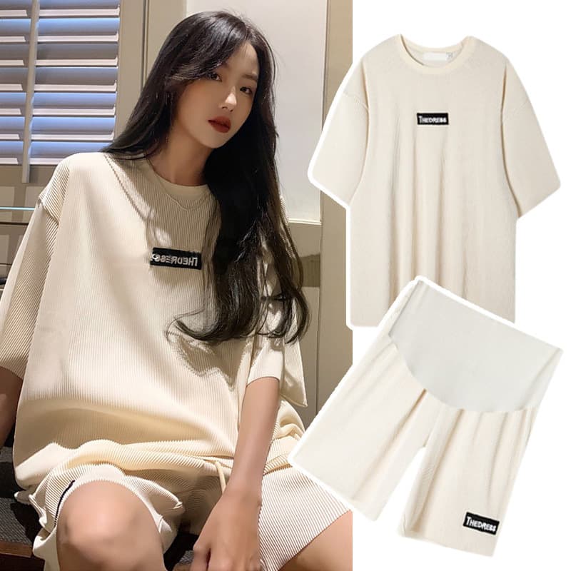 Maternity Suit Set Fashion Summer Thin Loose Trendy Ice-Cool Short Sleeve Shorts Two-Piece Maternity Wear