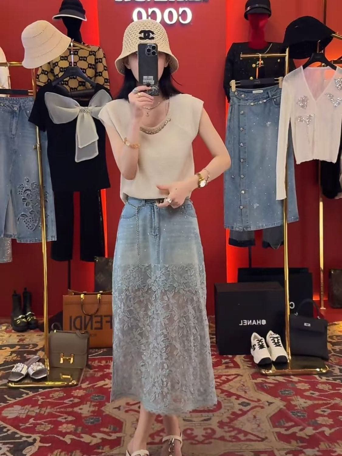 French Denim Lace Sequin Skirt Women Summer New Light Luxury Elegant High Waist Midi Skirt New Arrival