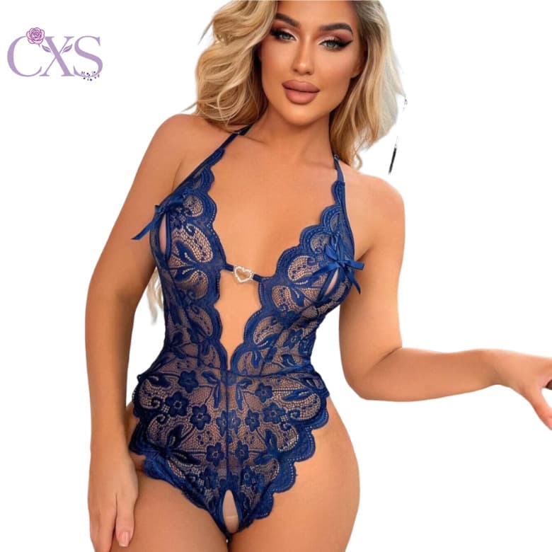 Cross-border Amazon New Sexy Lingerie for Women European and American Lace See-through Open Crotch Bodysuit Sleepwear