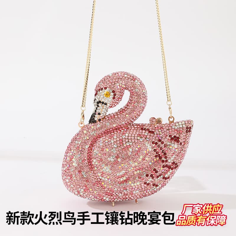 Pink Flamingo Rhinestone Evening Bag, Handmade Full Rhinestone Chain Bag, Niche Design Dress Matching Bag