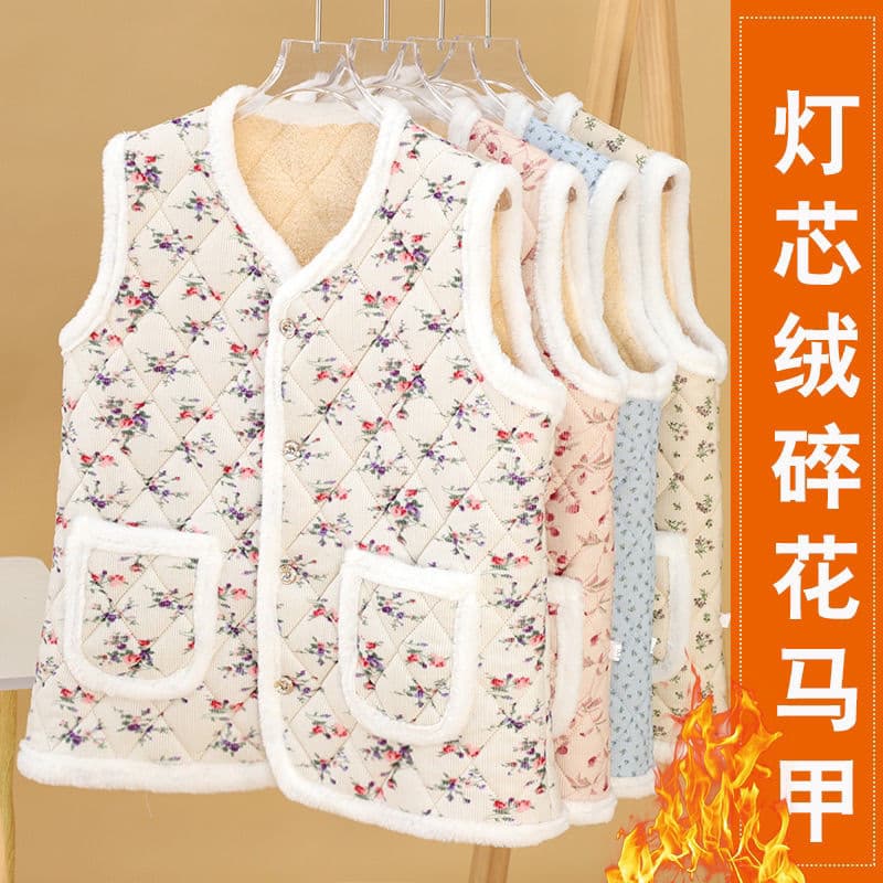 Floral Ethnic Style New Autumn/Winter Vest, Fleece-lined Thickened Warm Corduroy Vest Sleeveless Jacket, Mother's Corduroy Waistcoat
