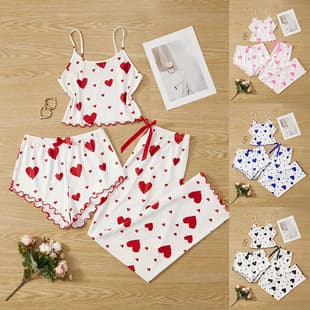 Export European and American Summer Set Knit Ribbed Heart Print Design Sweet Camisole Shorts Pure Desire Sleepwear