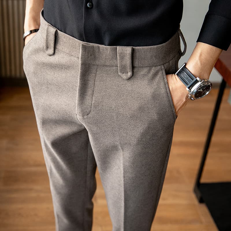 Autumn Winter Thickened Casual Trousers Men's Business Slim Fit Woolen Trousers Trendy Nine Point Suit Pants Formal Long Pants