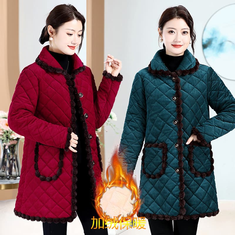 Mother's winter pajamas, middle-aged and elderly women's velvet thickened corduroy mid-length home warm tops, smocks and cotton coats