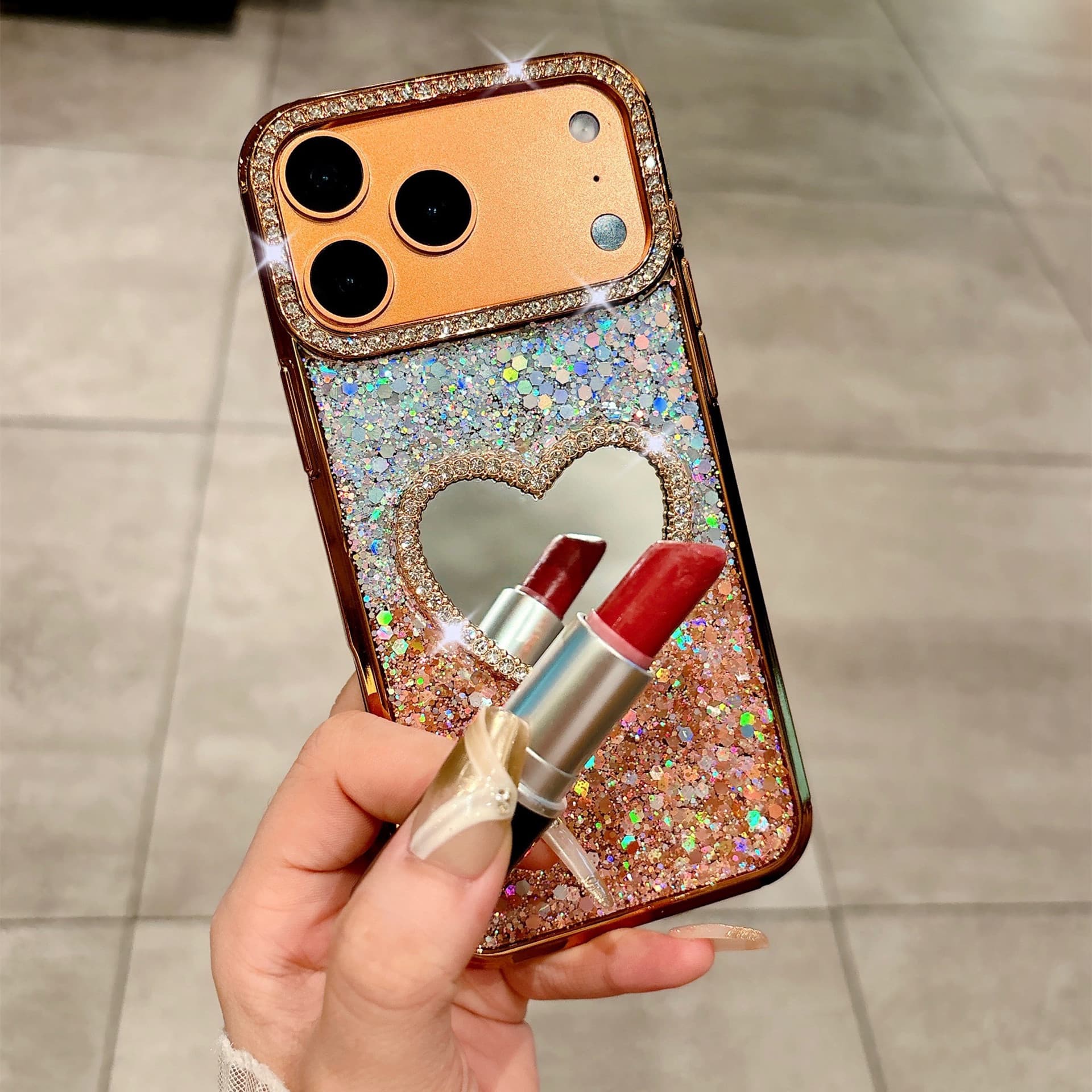Compatible with Apple iPhone 17 Pro Max Glitter Resin Phone Case Heart Mirror iPhone 16 Lens Rhinestone 15 Protective Cover