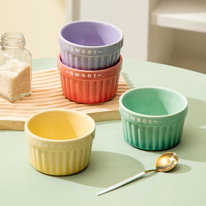 Striped Ceramic Baking Ramekin for Oven Use, Soufflé Cup, Dessert Bowl, Wicker-Pattern Pudding Cup