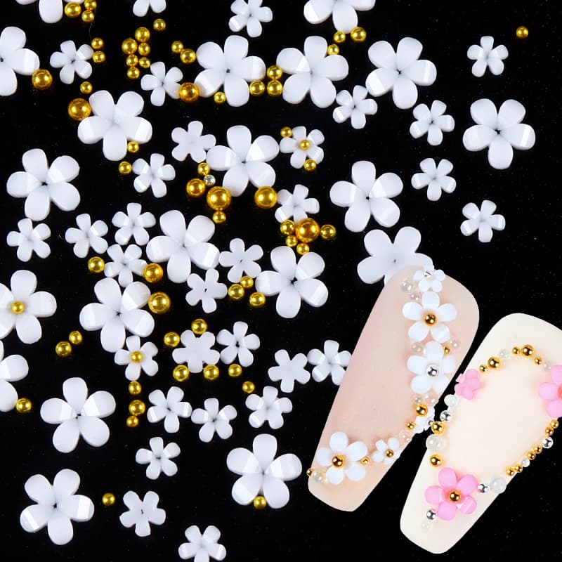 200 Pieces Acrylic Five-petaled Flower Nail Art Decorations Bagged White Pink Floral Jewelry Beaded Resin Flowers