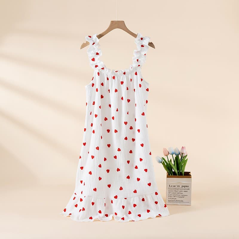 Women's Summer Cotton Gauze Thin Spaghetti Strap Nightgown Loose Mid-Length Sweet and Cute Long Dress Loungewear