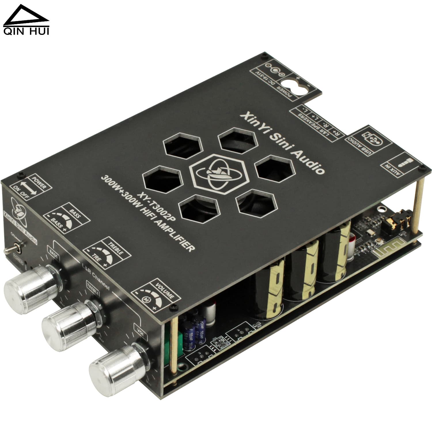 DC19-51V wide voltage 2*300W high power Bluetooth digital audio amplifier board with stereo treble and bass adjustment.
