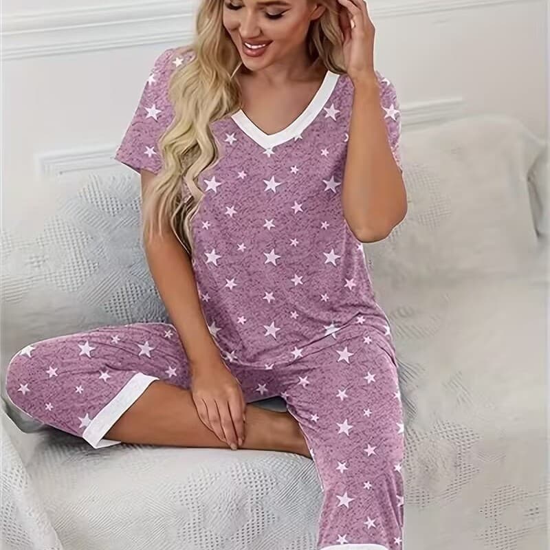 Cross-border TEMU Shein Amazon Bestseller Simple Star Print Pajama Set for Women Short Sleeve Shorts Loungewear Two-Piece Set
