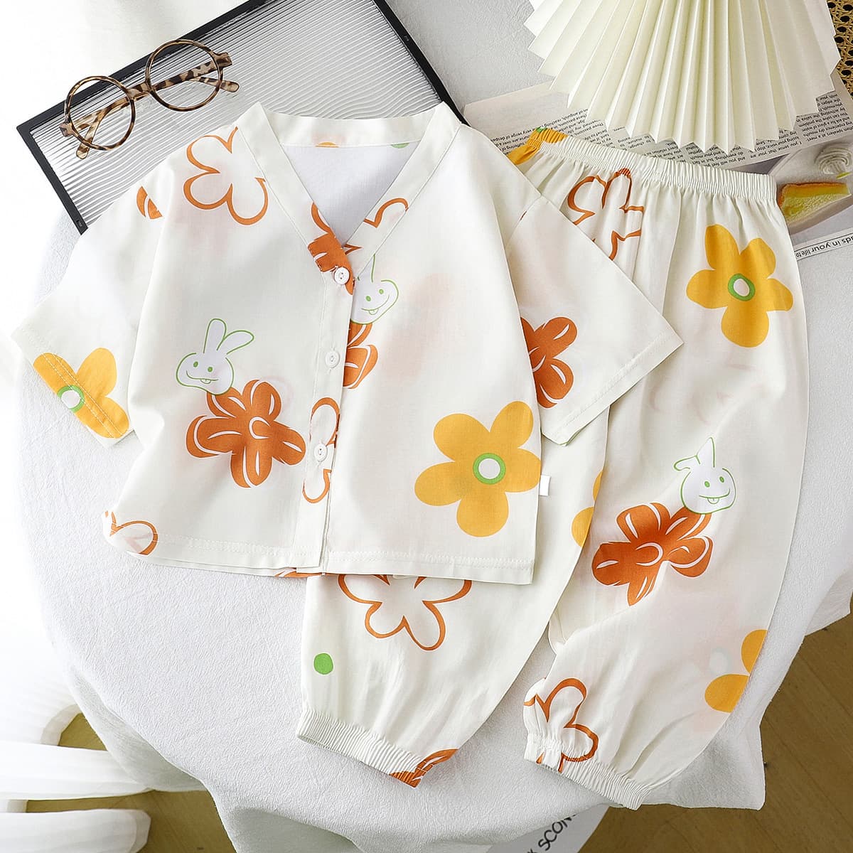 Kids' Cotton Silk Homewear Set - Summer Boys Girls Pajamas, Rayon Two-Piece Set, Air Conditioning Wear, Children's Clothing