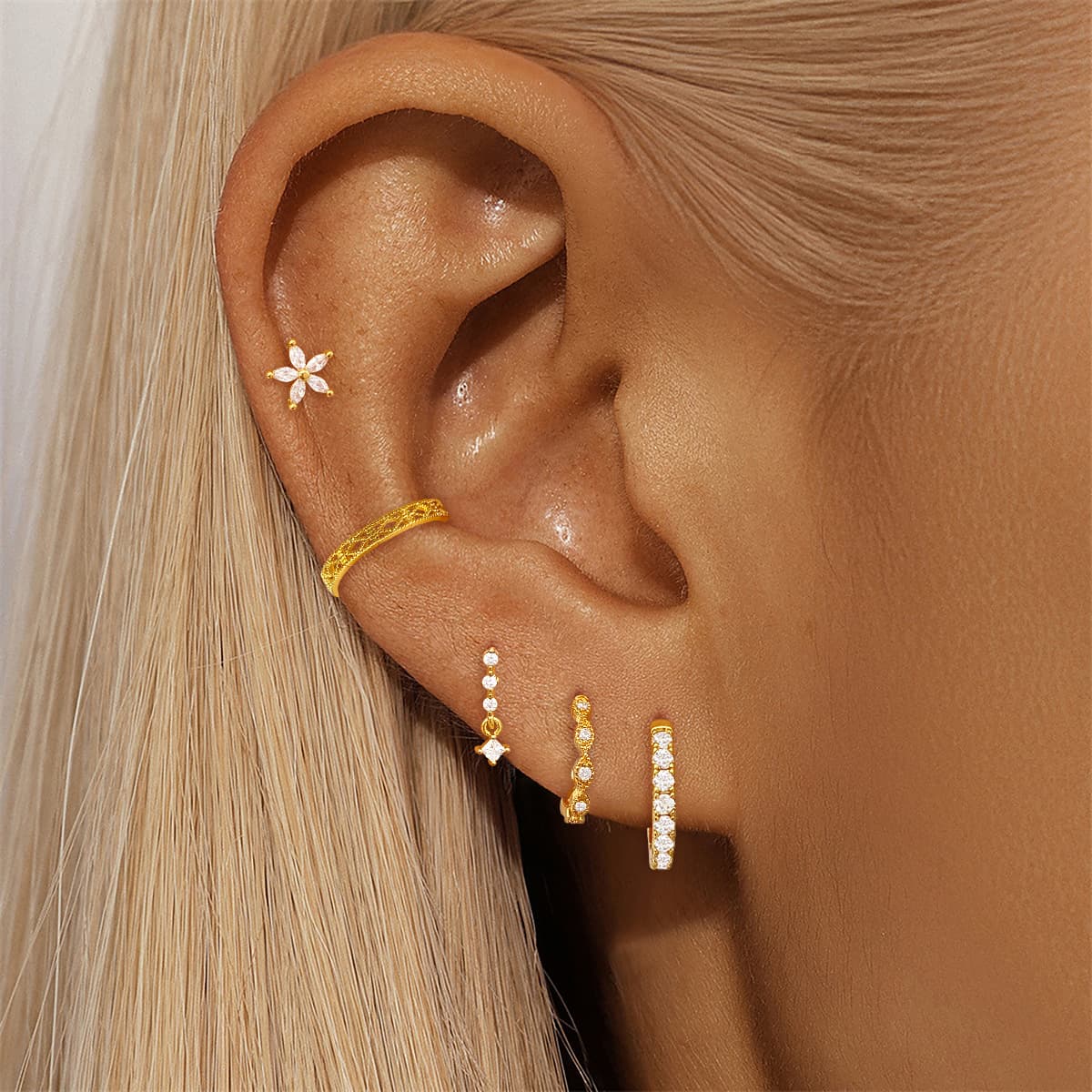 Cross-Border Exclusive Light Luxury High-End 24K Gold-Plated Copper Zircon Earring Set European and American Style Ear Cuff and Stud Combination