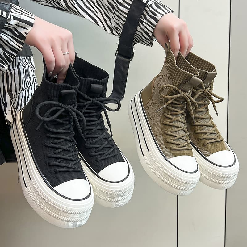Thick Sole Canvas Shoes Women Spring Summer Breathable Height-Increasing Sneakers 2024 Versatile Casual Sports High-Top Shoes White Sneakers