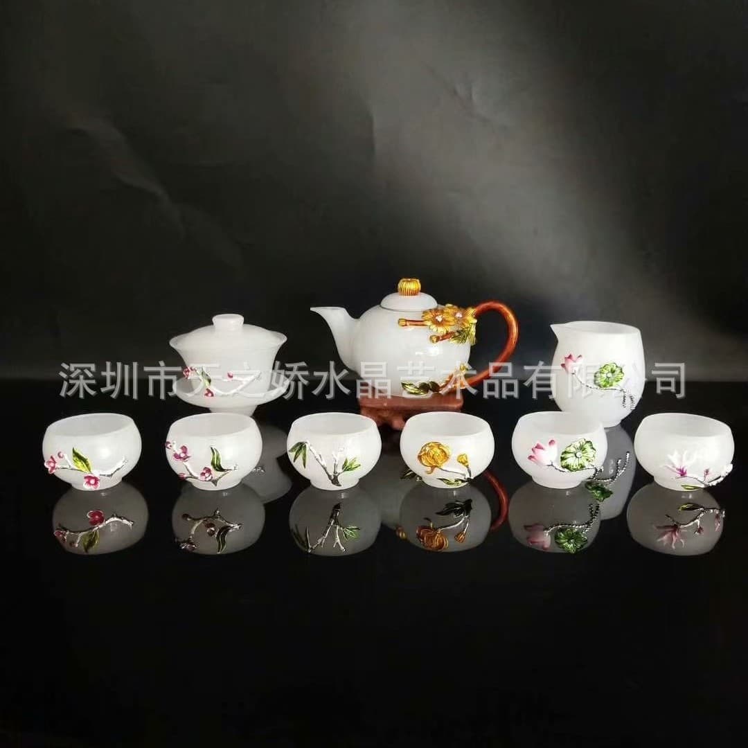 Enamel Ice Jade Kung Fu Tea Set, Jade Tea Set with Multiple Teapot Styles, Elegant Craft Gift for Business and Housewarming