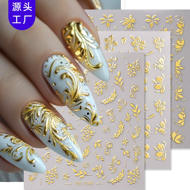 Zhengxiang New Nail Art Stickers Gold Foil 3D Nail Wraps DIY Floral Branch Design INS Style Xiaohongshu Trending Nail Decals