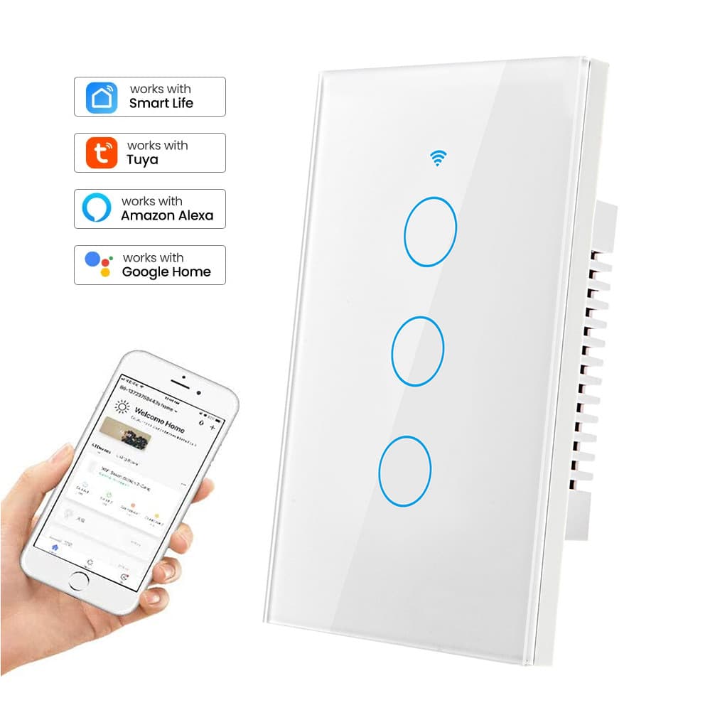 Hot Selling US Standard 120-Type WiFi Smart Touch Wall Switch Single Live/Neutral Wire Voice Control Tuya