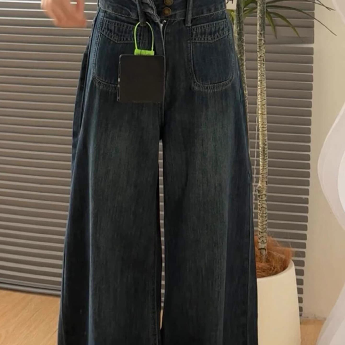Retro wide-leg jeans for women, plus size, autumn style, petite, flowy, relaxed fit, slimming wide-leg pants