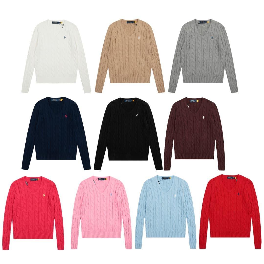 25 In Stock Autumn/Winter New V-Neck 13-Color War Horse Plaid Embroidery Cable Knit Cotton Sweater for Women Casual Twisted Knit Top
