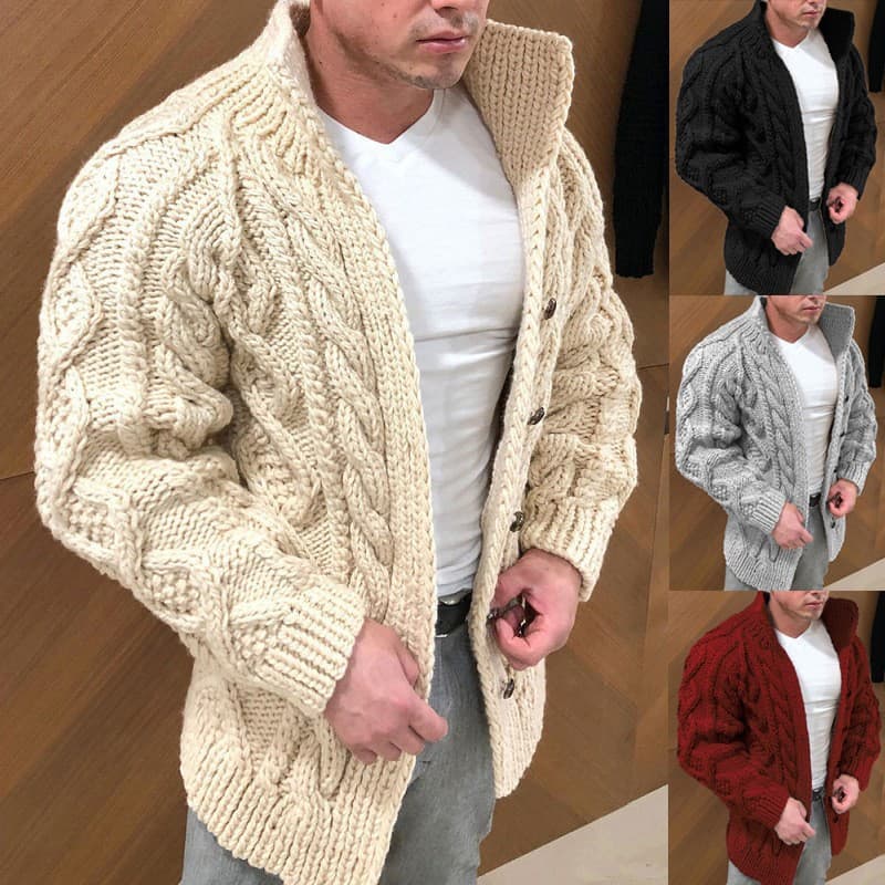 European and American cross-border 2025 new men's sweater cardigan, heavy-duty long-sleeved stand collar cable knit jacquard casual menswear