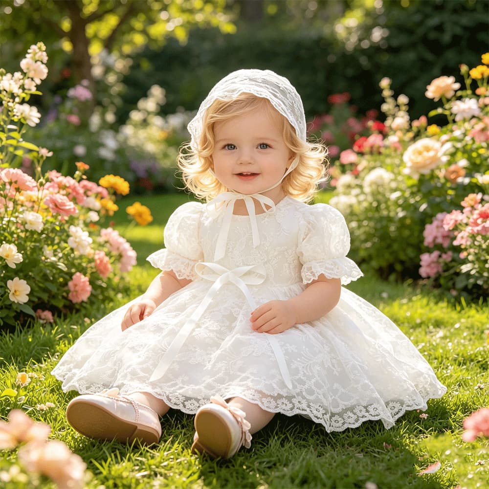 Children's Clothing New Style Girls' Lace Embroidered Dress Baptism Dress Puff Sleeve Dress with Headscarf