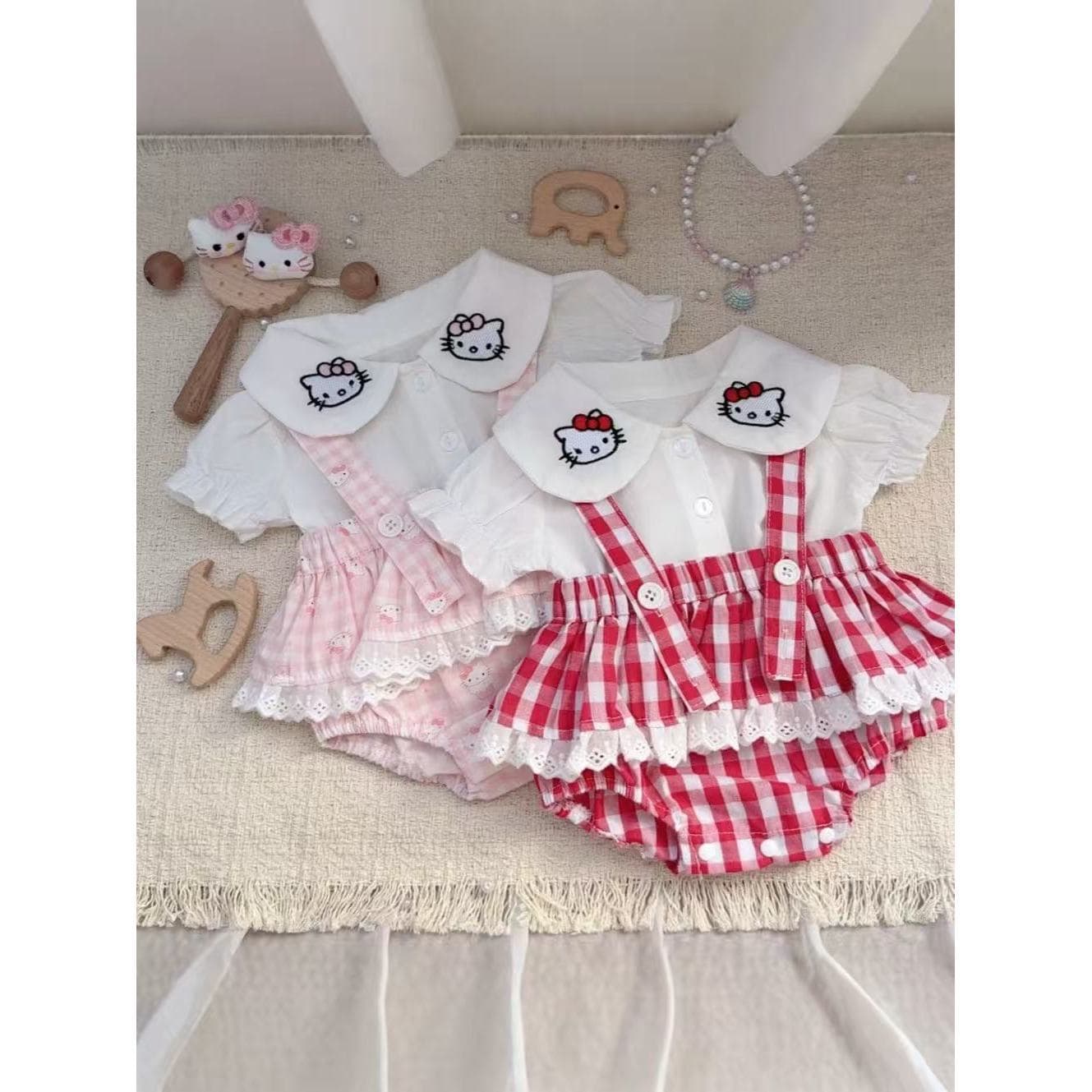 Summer new baby doll collar cartoon embroidery short-sleeved infant plaid sling bag farts two-piece set