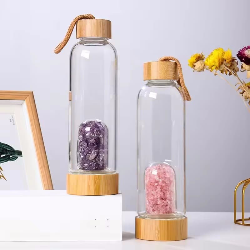 Factory Wholesale Natural Crystal Stone Gemstone Energy Water Bottle Sports Glass Cup Hot Selling Cross-Border
