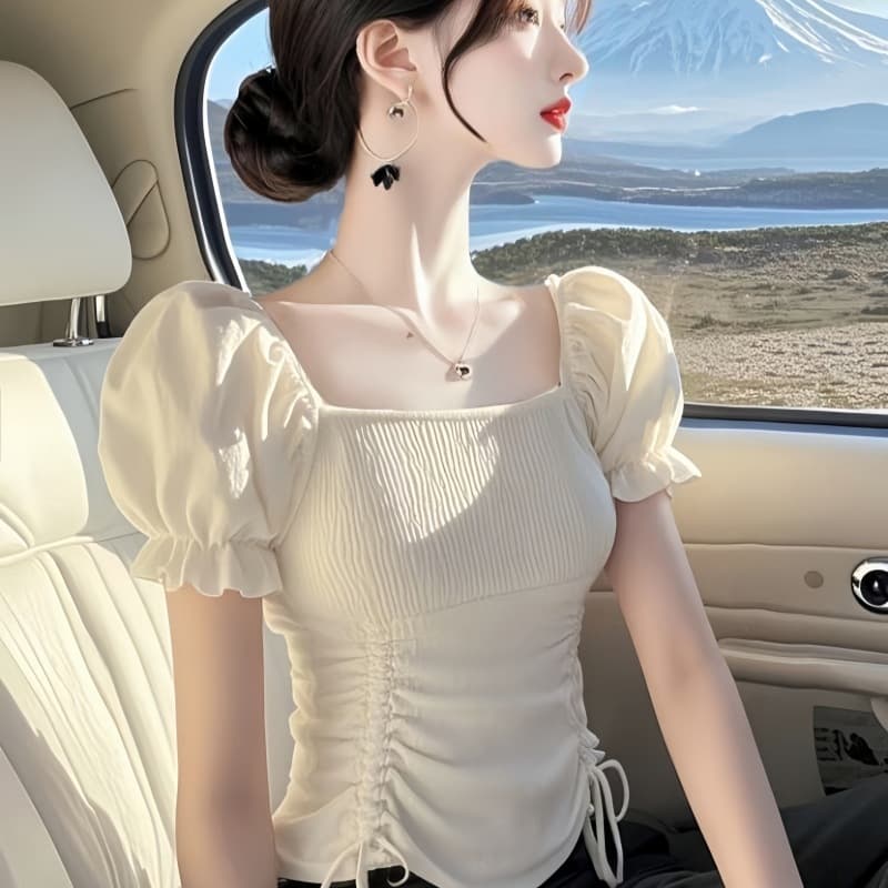 French Style Chic Design High-End Women's Summer Square Neck Age-Defying Niche Elegant Puff Sleeve Drawstring Chiffon Blouse