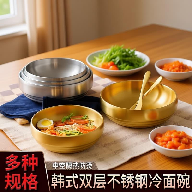 Korean-Style Stainless Steel Cold Noodle Bowl, Double-Layer Anti-Scald Bowl, Rice Bowl, Ramen Bowl, Thickened Gold Luosifen Bowl, Large Soup Bowl