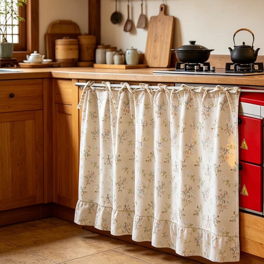 Cotton and Linen Floral Half-Curtain Kitchen Partition Curtain, No-Drill Cabinet Curtain, Household Short Curtain, Partition Curtain, Oven Skirt
