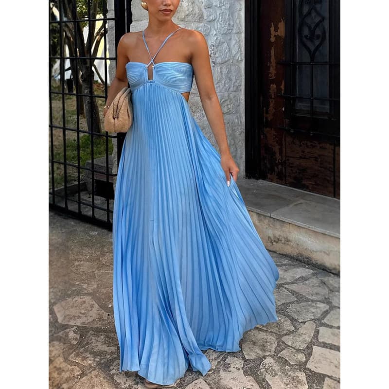 Independent site Amazon European and American clothing sweet and sexy strapless tube top pleated large swing dress solid color for women