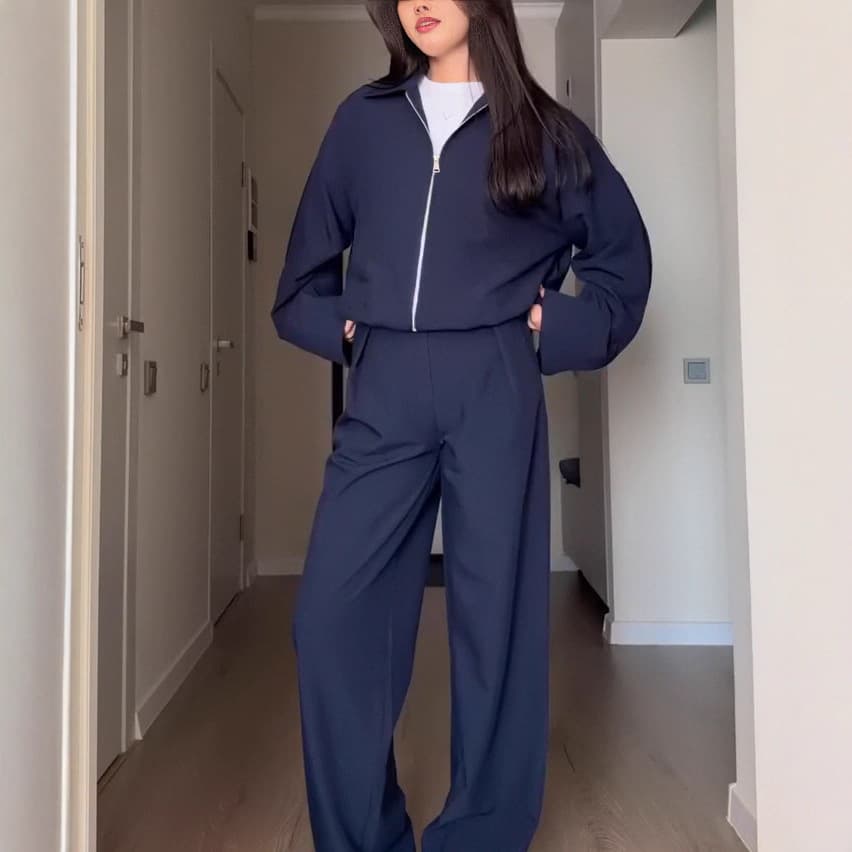 2025 Summer New Cross-Border European and American Foreign Trade Women's Zipper Solid Color Wide-Leg Pants Elegant Commuter Fashion Set