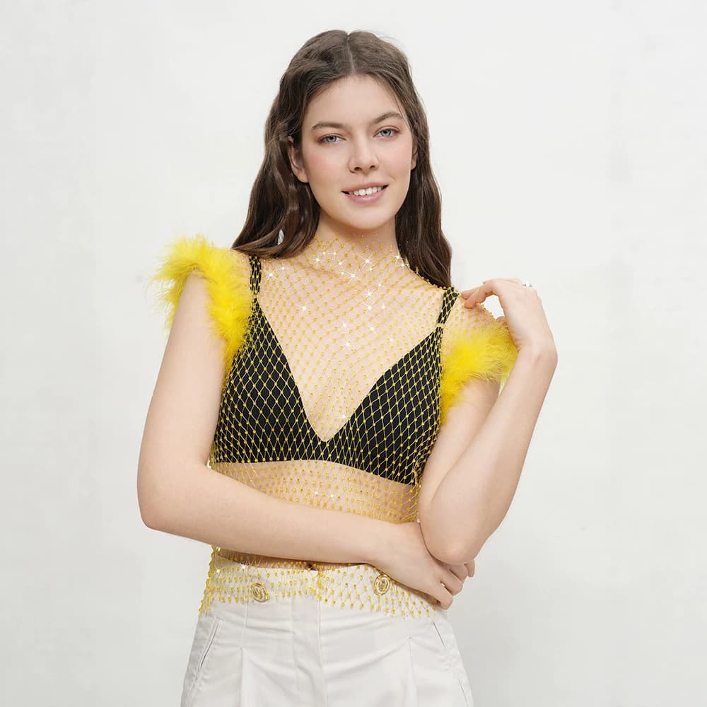 European and American Rhinestone Hollow Out Top Women Sparkly Party See-Through Vest Rhinestone Top Terry Loop Hollow Out Party Wear