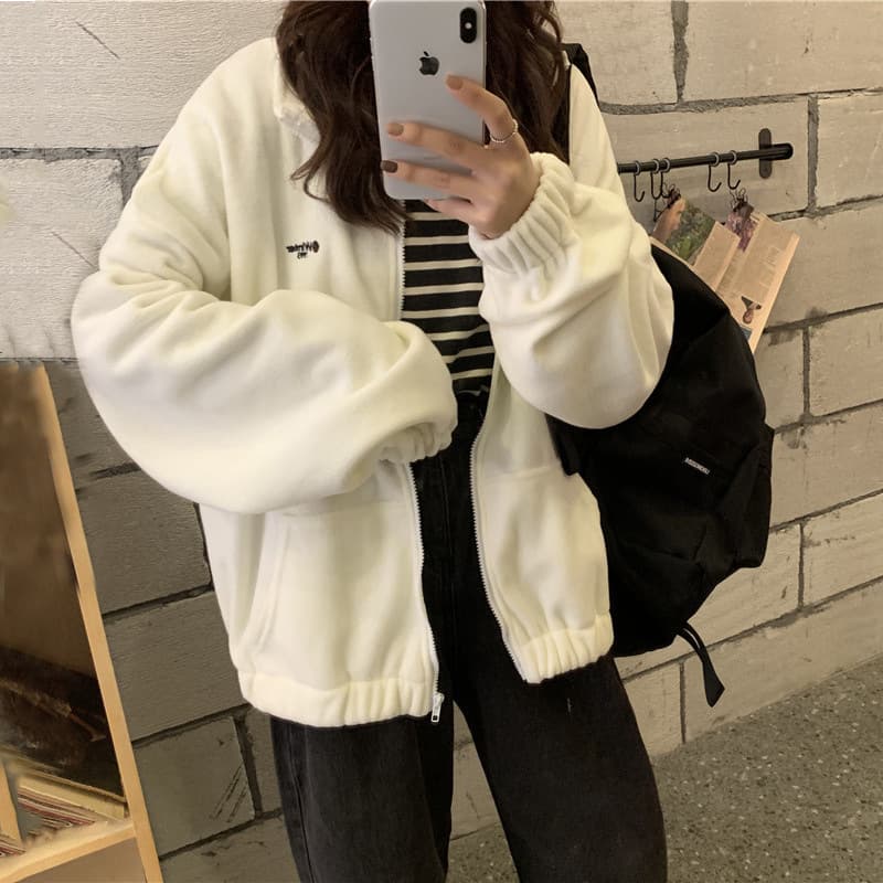 Women's Autumn/Winter Fleece-Lined and Thickened Sweatshirt Loose-Fit Idle Style Student Long Sleeve Zip-Up Cardigan Jacket