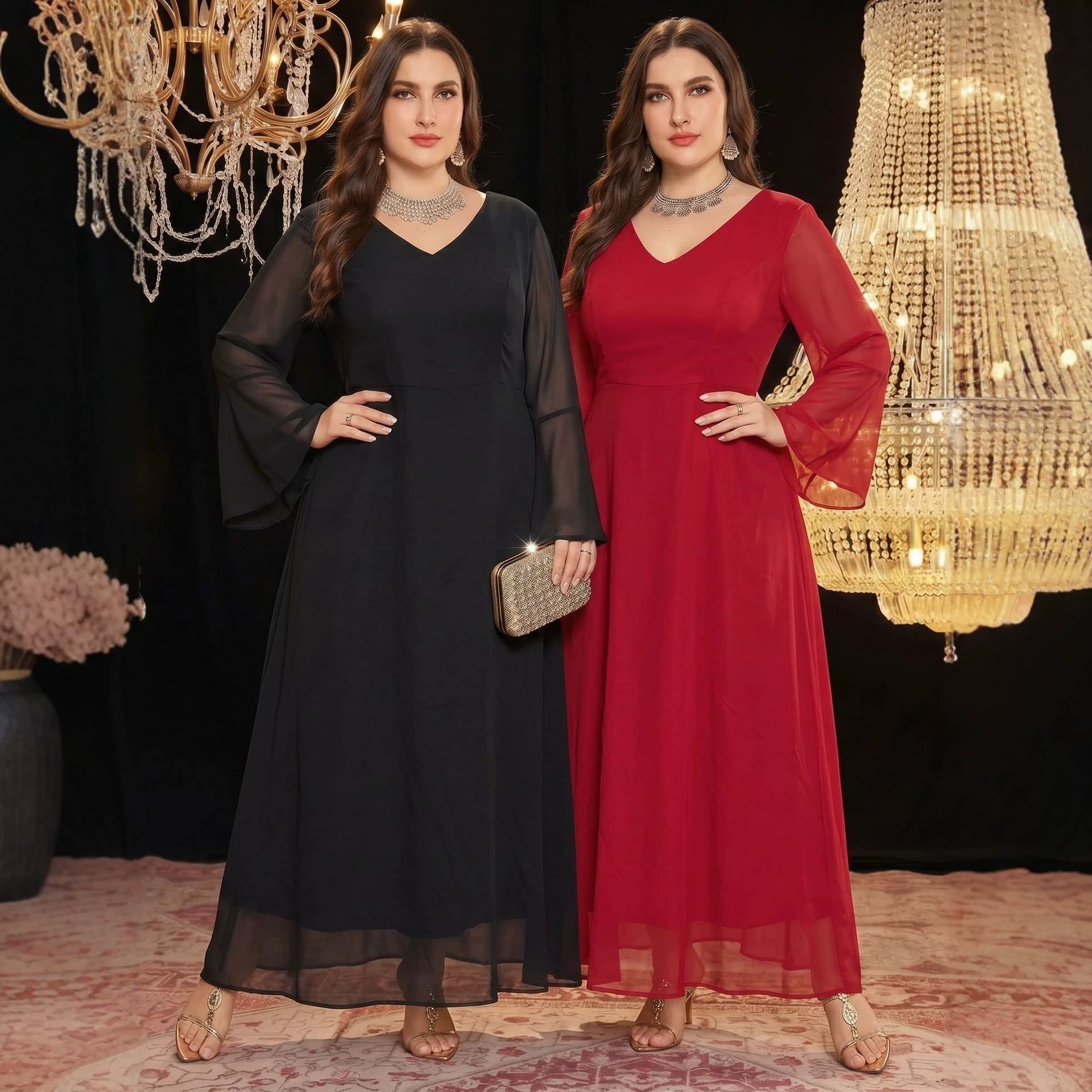 D1018 Plus Size Women's Fashion Elegant V-Neck Chiffon Dress Gown Cross-border Amazon Bridesmaid Dress
