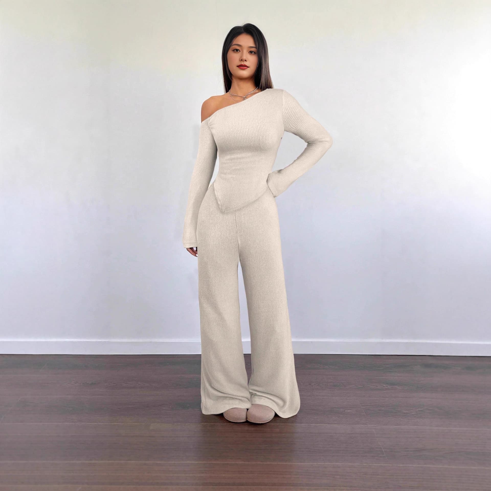2025 European and American Cross-border Solid Color Simple Off-shoulder Casual Straight-leg Mid-high Waist Long-sleeve Pants Set Two-piece